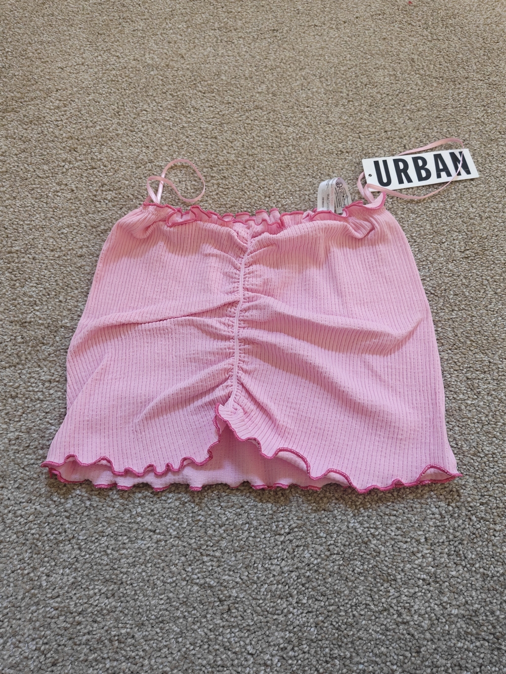 Wander Pink Ribbed Ruched Cami with Lettuce Trim